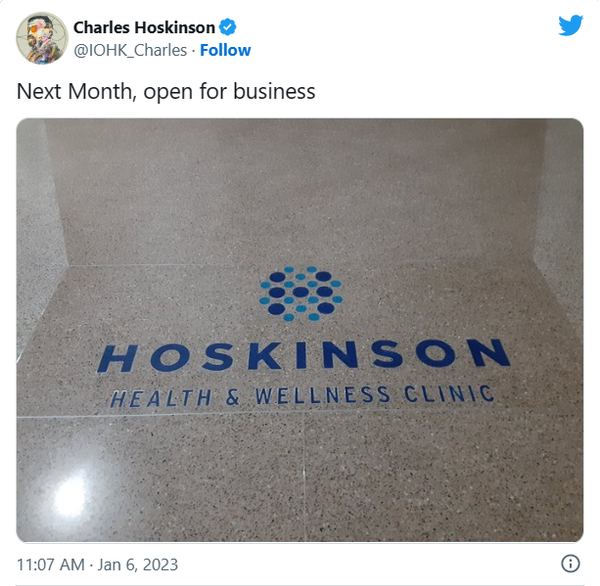 찰스 호스킨슨 카르다노 설립자가 지난 1월 6일(현지시간) ‘호스킨슨 헬스 앤드 웰니스 클리닉’ 개원 계획을 발표했다(사진=트위터/ 찰스 호스킨슨)