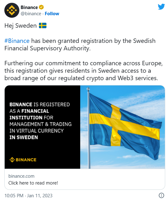 바이낸스가 1월 11일 스웨덴 금융감독청에서 사업 권한을 허가받았다고 밝혔다(사진=트위터/ 바이낸스)