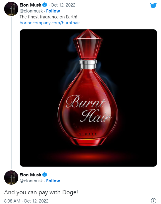 일론 머스크 최고경영자는 지난 10월 ‘보링 컴퍼니’를 통해 도지코인으로 결제가 가능한 상품을 출시했다(사진=트위터/ 일론 머스크)
