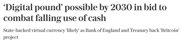 영국 매체인 텔레그래프는 현지 금융 당국이 현금 사용 감소 현상에 대처하기 위해 오는 2030년까지 ‘디지털파운드’를 출시할 필요성에 있다는 데 뜻을 모았다고 전했다(사진=텔레그래프)