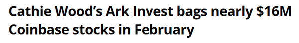 아크인베스트의 캐서린 우드 최고경영자가 2월에만 1,600만 달러(한화 약 203억 원) 규모로 코인베이스의 주식을 매수했다(사진=코인텔레그래프)