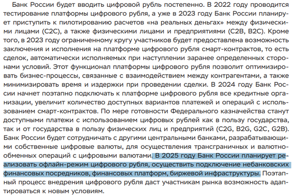 러시아 중앙은행은 오는 2025년에 ‘디지털 루블’의 오프라인 모드를 구현하고 비은행 금융 중개자, 금융 플랫폼 및 교환 인프라를 연결할 계획이라고 밝혔다(사진=‘2023년부터 2025년까지에 대한 정부 통화 정책의 주요 방향’ 보고서)