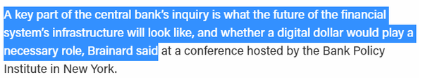 브레이너드 부의장은 뉴욕 은행정책연구소(Bank Policy Institute) 주최 콘퍼런스 현장을 통해 연준의 역할로 미래 금융시스템 인프라를 예상하고, 디지털화폐가 필요한 역할을 할 수 있는지 내다보는 것이라고 밝혔다(사진=더블록)