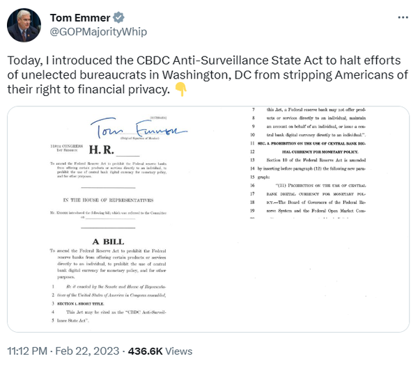 톰 에머 미국 공화당 하원의원은 지난 2월 22일(현지시간) 현지 중앙은행의 디지털화폐 관리 권한 관련 입법안을 발의했다(사진=트위터/ 톰 에머)