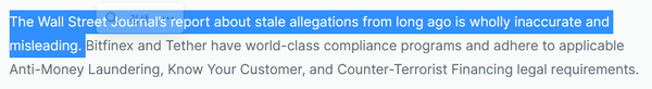 테더는 월스트리트저널의 보도가 부정확하며 오해의 소지가 있다고 전했다(사진=테더)