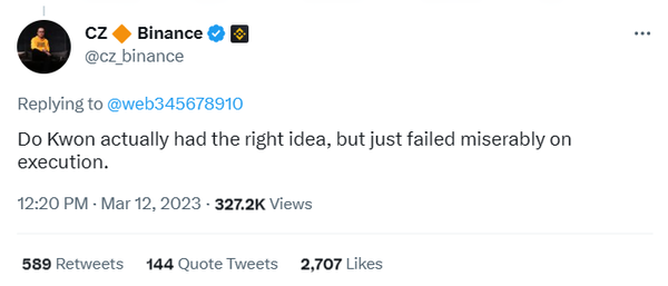 자오 창펑 최고경영자는 비트코인으로 생태계 준비금을 마련한 권도형 테라폼랩스 대표의 계획은 적절했으나 실행에 실패했다고 밝혔다(사진=트위터/ 자오 창펑)