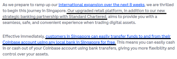 코인베이스는 스탠다드차타드와 업무협약을 맺었으며 싱가포르 내 시장 참여자의 코인베이스 입출금 서비스를 무료로 제공하겠다고 밝혔다(사진=코인베이스)