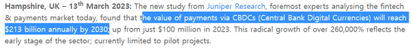 주니퍼리서치는 오는 2030년 중앙은행 디지털화폐 시장 거래 대금을 연간 2,130억 달러(한화 약 281조 원)로 추산했다(사진=주니퍼리서치)