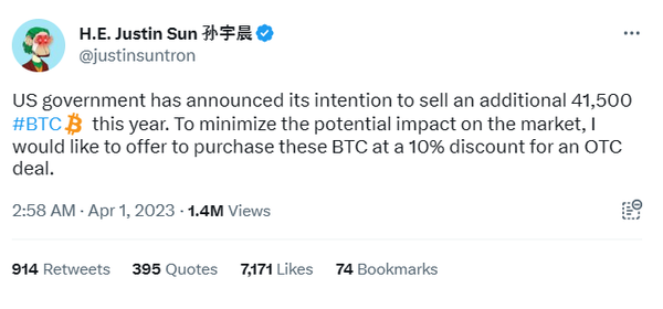 저스틴 선 트론 설립자가 미국 정부 보유 비트코인을 10% 할인된 가격으로 장외시장을 통해 구매하고 싶다는 의사를 밝혔다(사진=트위터/ 저스틴 선)