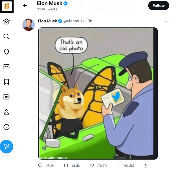 사회관계망서비스 플랫폼인 트위터는 지난 4월 4일 좌측 상단 네모 박스 안 로고를 도지코인 마스코트로 교체했었다(사진=트위터/ 일론 머스크)