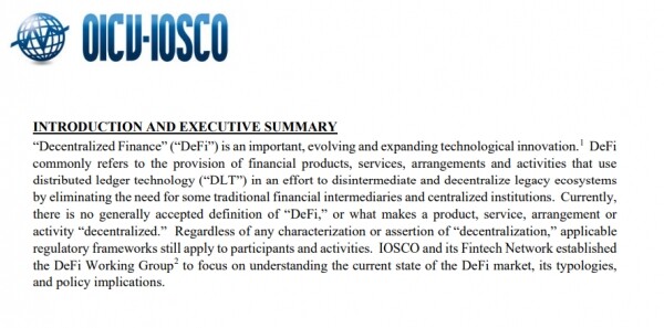 국제증권관리위원회는 지난해 탈중앙화금융 서비스 산업의 구성 방식이 전통 금융과 매우 유사하다는 내용의 보고서를 발간한 바 있다(사진=국제증권관리위원회)