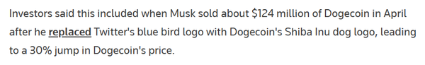 도지코인 투자자들은 일론 머스크 최고경영자가 지난 4월 트위터 로고 변경 시점에 1억 2,400만 달러(한화 약 1,637억 원)의 도지코인을 판매해 자금을 마련했다고 주장했다(사진=로이터)