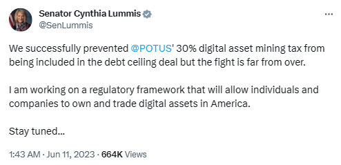 신시아 루미스 상원의원은 최근 트위터를 통해 바이든 대통령의 가상화폐 채굴 산업 과세 추진을 막았다는 점을 설명했다(사진=트위터/ 신시아 루미스)