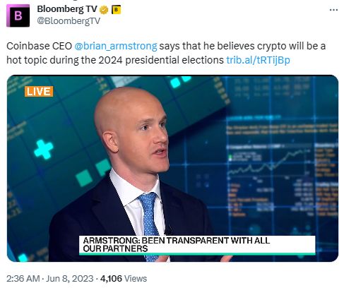 브라이언 암스트롱 코인베이스 최고경영자는 다음 미국 대선이 가상화폐 시장 규제 제정의 전환점이 될 거라고 예상 중이다(사진=트위터/ 블룸버그텔레비전)