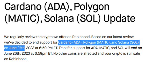 로빈후드가 플랫폼 내 ‘솔라나·카르다노·폴리곤’의 거래 지원을 중단할 방침이다(사진=로빈후드)