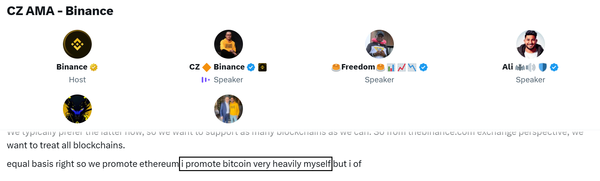 자오 창펑 최고경영자는 스스로를 ‘강력한 비트코인 지지자’라고 언급했다(사진=트위터/ 바이낸스)