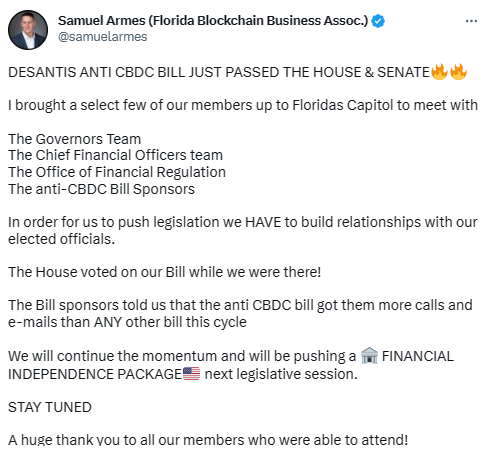 플로리다 주지사가 현지시간으로 지난 5월 3일 플로리다주 중앙은행 디지털화폐 사용 금지 법안에 서명했다(사진=트위터/ Samuel Armes)