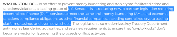 미국 상원에서 최근 탈중앙화 금융과 자금세탁방지에 초점을 맞춘 입법안이 발의됐다(사진=잭 리드 상원의원)