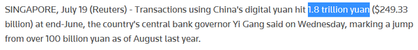 이강 총재는 중국 중앙은행의 디지털화폐인 ‘디지털 위안’의 누적 거래 규모가 1조 8천억 위안(한화 약 315조 5,040억 원)을 돌파했다고 전했다(사진=로이터)