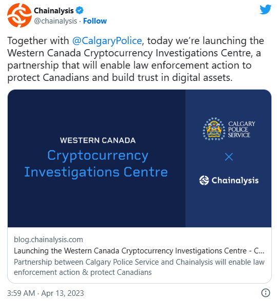 체이널리시스는 지난 4월 캐나다 앨버타주의 캘거리시 경찰과 가상화폐 합동 수사센터를 출범했다(사진=체이널리시스)