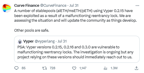 ‘커브파이낸스’에서는 약 5,200만 달러가 해킹됐다(사진=트위터/ 커브파이낸스)