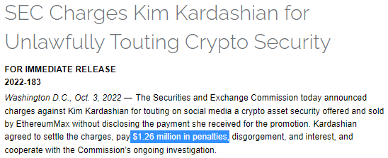 미국 증권거래위원회는 킴 카다시안이 지난해 6월 소셜미디어인 인스타그램 내 협찬 소식을 공개하지 않은 채 ‘이더리움맥스’라는 가상화폐를 홍보했다며 126만 달러(한화 약 18억 원)의 벌금을 부과했다(사진=증권거래위원회)