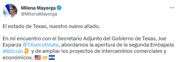 주미 엘살바도르 대사관과 미국 텍사스주는 ‘비트코인 대사관’ 개설 관련 업무협약을 맺기도 했다(사진=트위터/ 밀레나 마요르가)