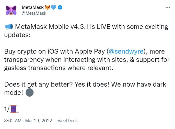 메타마스크는 트위터 계정을 통해 애플페이 지원 업데이트 진행 소식을 공개했다 (사진=트위터/ 메타마스크)