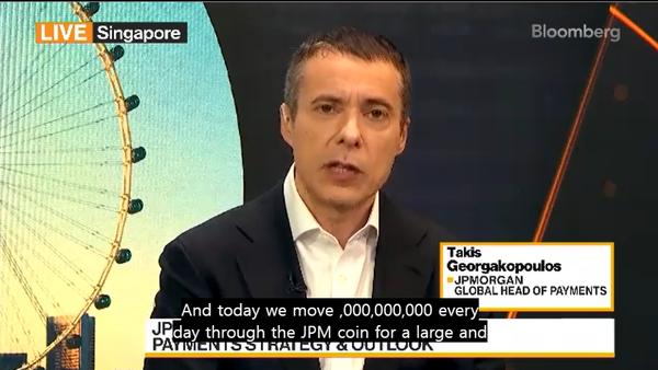 타키스 게오가코풀로스(Takis Georgakopoulos) 제이피모건 글로벌 결제 책임자는 제이피엠코인이 10억 달러(한화 약 1조 3,585억 원)의 예금 이체를 매일 처리한다고 밝혔다(사진=블룸버그티비)