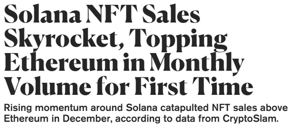 디크립트는 크립토슬램의 자료를 인용해 지난달 솔라나 NFT 거래량이 사상 처음으로 이더리움을 넘어섰다고 전했다(사진=디크립트)
