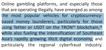 국제연합은 보고서에서  ‘테더’가 ‘트론(Tron)’ 가상화폐와 함께 동남아시아 불법 디지털 경제 산업 성장을 촉진 중이라고 설명했다(사진=국제연합)