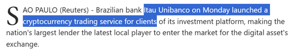 브라질의 최대 은행이자 대출 기관인 이타우 유니방코는 지난해 말 가상화폐 거래 서비스를 출시했다(제공=로이터)