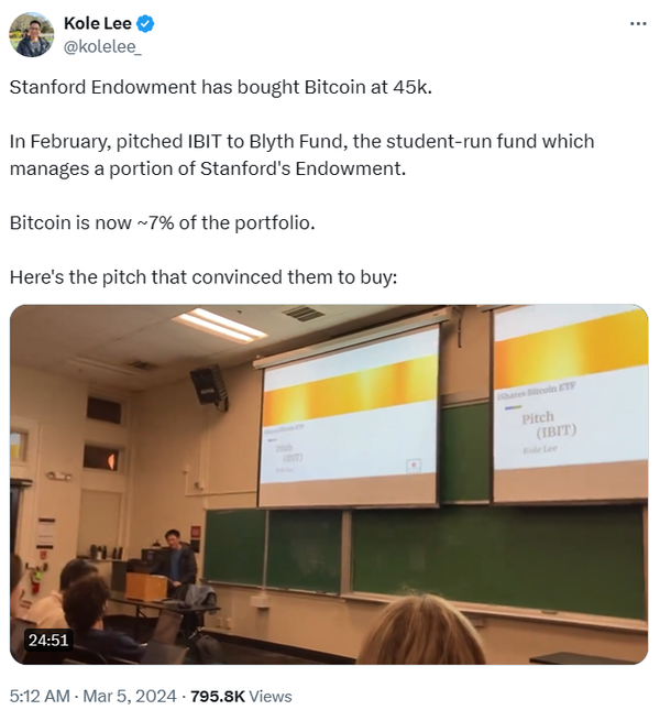 스탠포드대학교 기금을 일부 운용하는 학생 운영 펀드가 현지시간으로 지난 3월 5일 투자 포트폴리오 7%를 비트코인에 할당했다고 발표했다(제공=트위터/ Kole Lee)