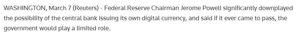 제롬 파월 의장은 미국 중앙은행이 자체 디지털 화폐를 발행할 가능성이 낮으며, 만약 발행하더라도 기관의 역할은 제한적일 것이라고 말했다(사진=로이터)