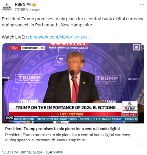 도널드 트럼프 전 대통령은 미국 뉴햄프셔주 포츠머스시에서 진행한 연설을 통해 대통령으로 당선될 경우, 중앙은행 디지털화폐를 발행하지 않고 돈에 대한 통제권을 현지 국민들에게 주겠다고 전했다(사진=트위터/ RSBN NETWORK)