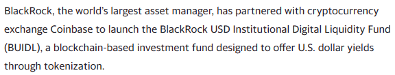 블랙록은 현지시간으로 지난 3월 20일 이더리움 네트워크에서 최초의 ‘자산 토큰화’ 펀드인 ‘비들(BUIDL)’을 출시했다(사진=야후파이낸스)