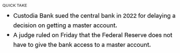미국 가상화폐 전문 수탁은행사인 커스터디아가 현지 중앙은행 결제 시스템 접속 권한 획득 및 연방준비제도(Fed) 회원사 가입 관련 소송에서 패소했다(사진=더블록)