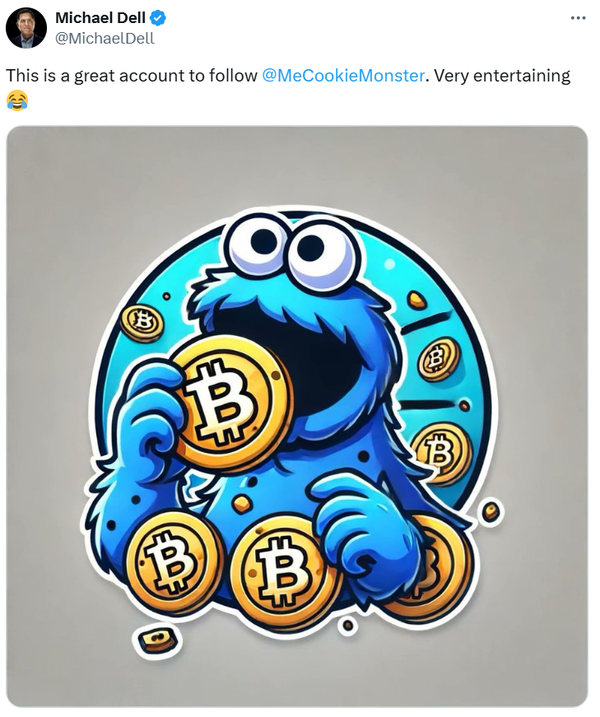 마이클 델 최고경영자는 미국 유명 애니메이션인 새서미스트리트(Sesame Street)의 캐릭터가 비트코인을 과자로 섭취하는 이미지를 올리기도 했다(사진=트위터/ 마이클 델)