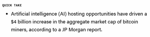 제이피모건은 인공지능 호스팅센터 제공 기회가 비트코인 채굴사 시가총액을 40억 달러(한화 약 5조 5,448억  원) 증가시켰다고 소개했다(사진=더블록/ 제이피모건)