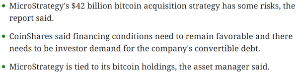 코인쉐어스는 마이크로스트래티지 비트코인 매수 전략 위험성으로 ▲자금 조달 조건 ▲전환사채 수요를 소개했다(사진=코인데스크)
