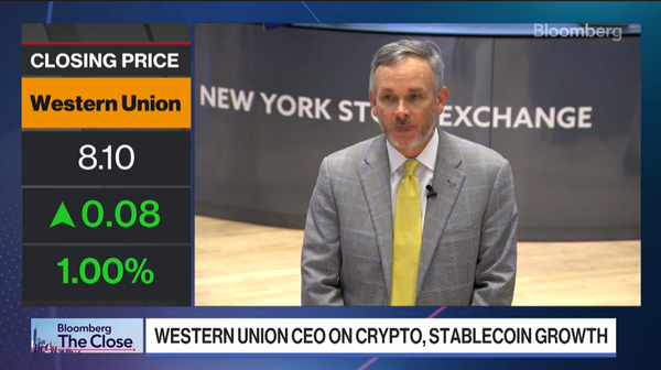 웨스턴유니온 최고경영자는 미국 경제 매체인 블룸버그와의 인터뷰에서 자사 디지털지갑에 스테이블코인을 접목하는 방안을 모색하고 있다고 밝혔다(사진=블룸버그)