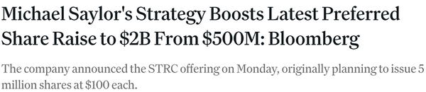 스트래티지는 자사 우선주 발행 규모를 기존 5억 달러(한화 약 6,893억 원)에서 20억 달러(한화 약 2조 7,572억 원)로 수정했다(사진=코인데스크/ 블룸버그)