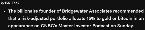 레이 달리오 창립자는 자산 시장 참여자들에게 투자금 15%를 비트코인이나 금에 투자할 것을 권고했다(사진=더블록/ 씨앤비씨)