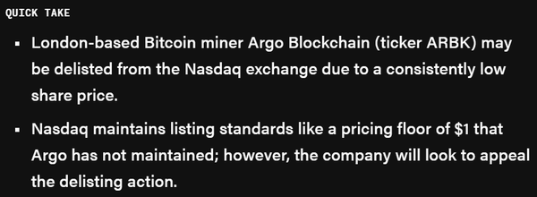 아르고블록체인이 현지시간으로 지난 7월 29일 나스닥으로부터 상장폐지 관련 경고장을 받았다(사진=더블록)