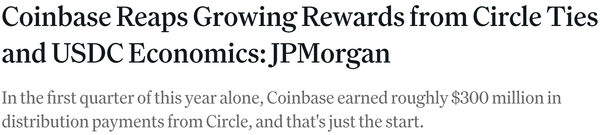 올해 1분기 코인베이스 가상화폐 거래소가 ‘유에스달러코인(USDC)’ 발행사인 서클로부터 3억 달러(한화 약 4,188억 원)의 수익을 거둬들인 것으로 알려졌다.
