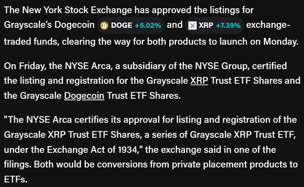 더블록에 따르면 미국 뉴욕증권거래소 아르카는 그레이스케일의 도지코인 및 엑스알피 현물 상장지수펀드 관련 상장 등록 절차를 완료했다(사진=더블록)